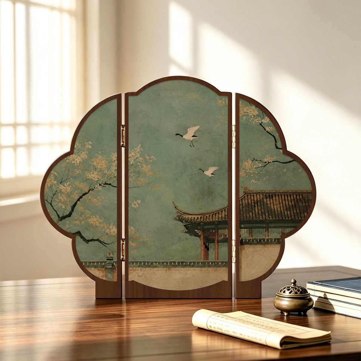 Bamboo stone moon crane tabletop screen decor