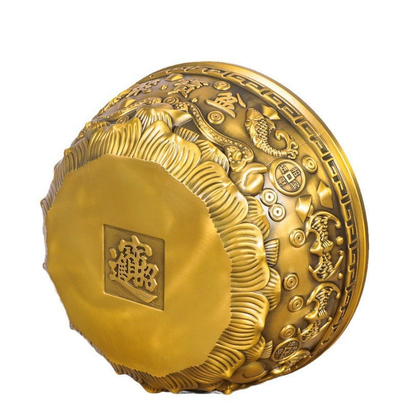 Underside and relief detail of Five Blessings Chinese treasure basin with bats, coins, ingots and lotus-style base motifs