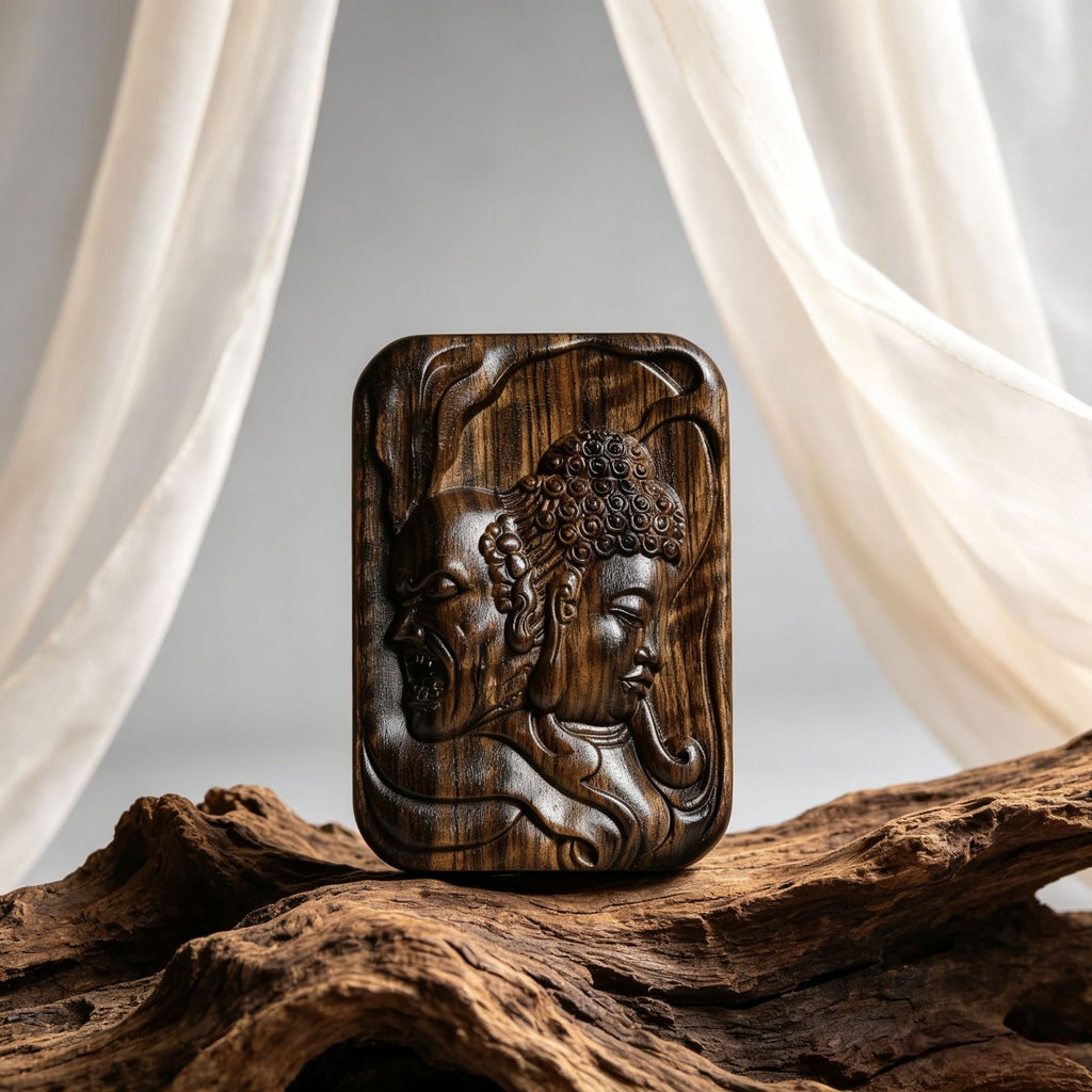 Chinese dark wood Guanyin head relief pendant with natural wood grain