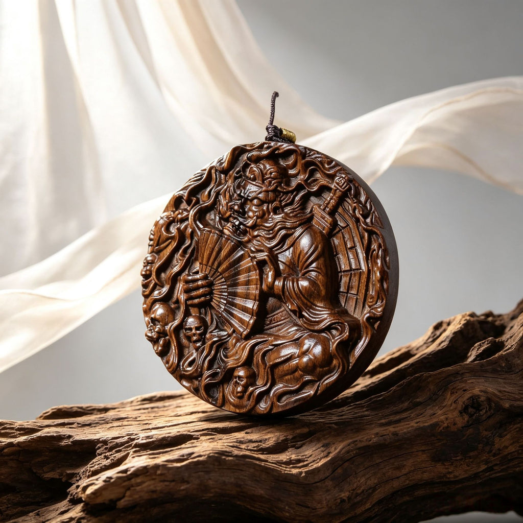 Round Chinese carved wood guardian pendant with deep relief details