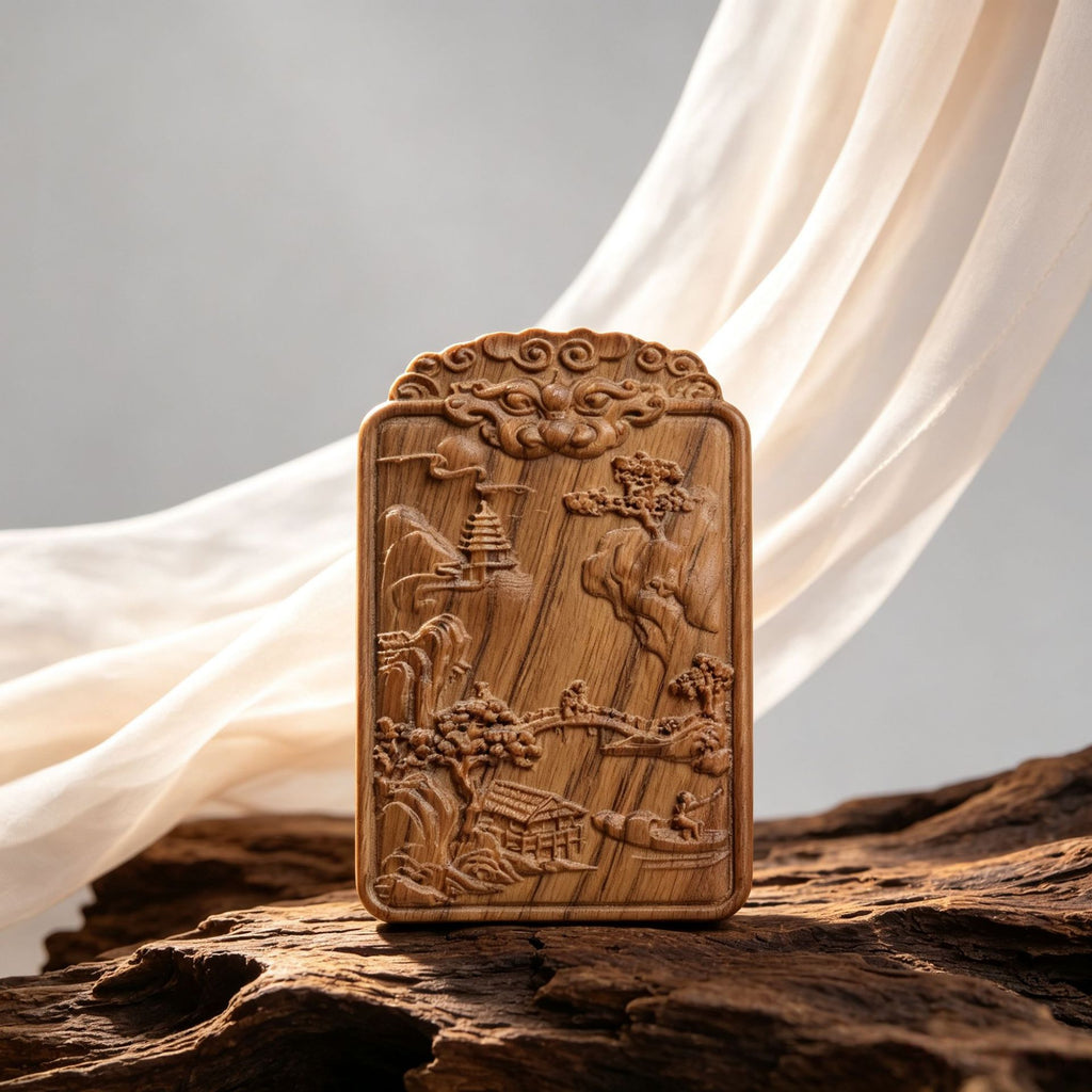 Chinese carved wood landscape plaque with mountain scenery and relief border