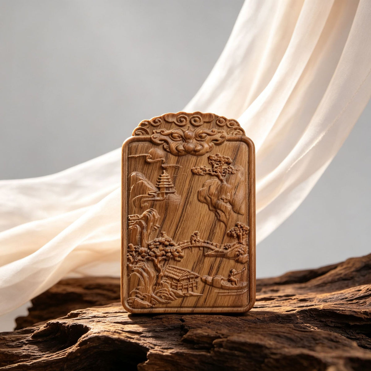 Chinese carved wood landscape plaque with mountain scenery and relief border