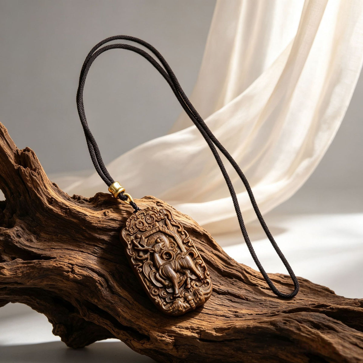 Ornate Chinese carved wood hanging pendant with dark cord and relief motif