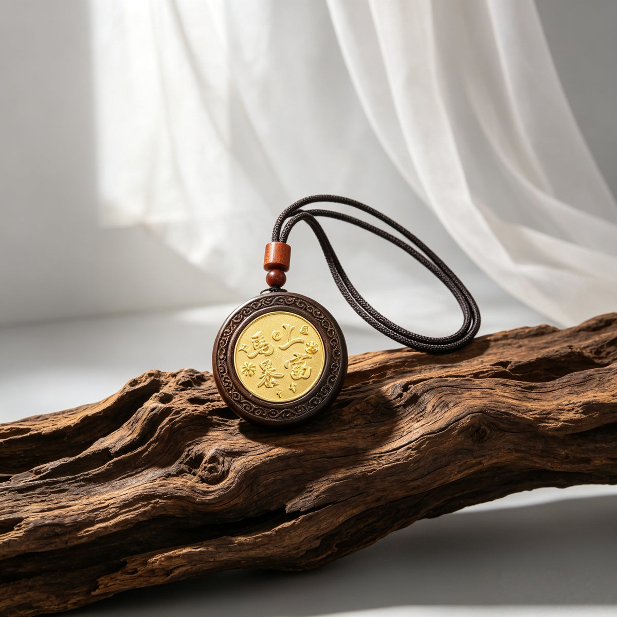 Round Chinese wood hanging charm with golden center medallion and cord