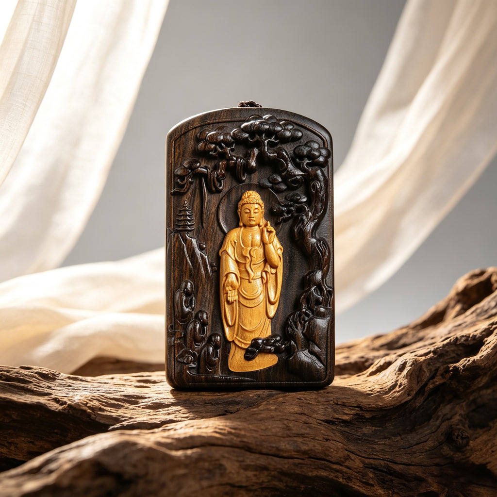 Dark wood pendant with standing Buddhist figure in golden-tone relief
