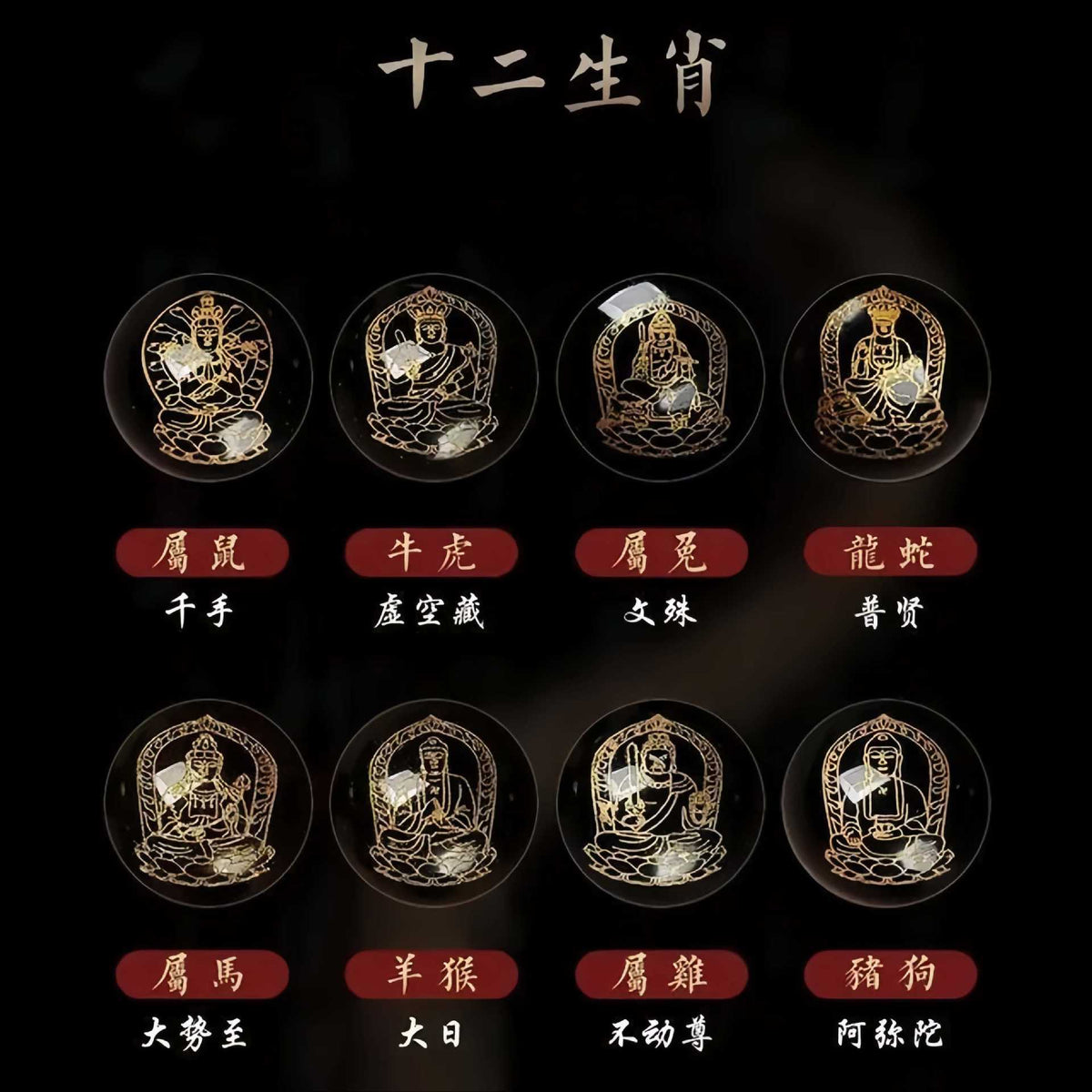 Chinese zodiac guardian Buddha guide showing Rat Thousand-Hand Guanyin, Ox and Tiger Akasagarbha, Rabbit Manjushri, Dragon and Snake Samantabhadra, Horse Mahasthamaprapta, Goat and Monkey Vairocana, Rooster Acala, Dog and Pig Amitabha