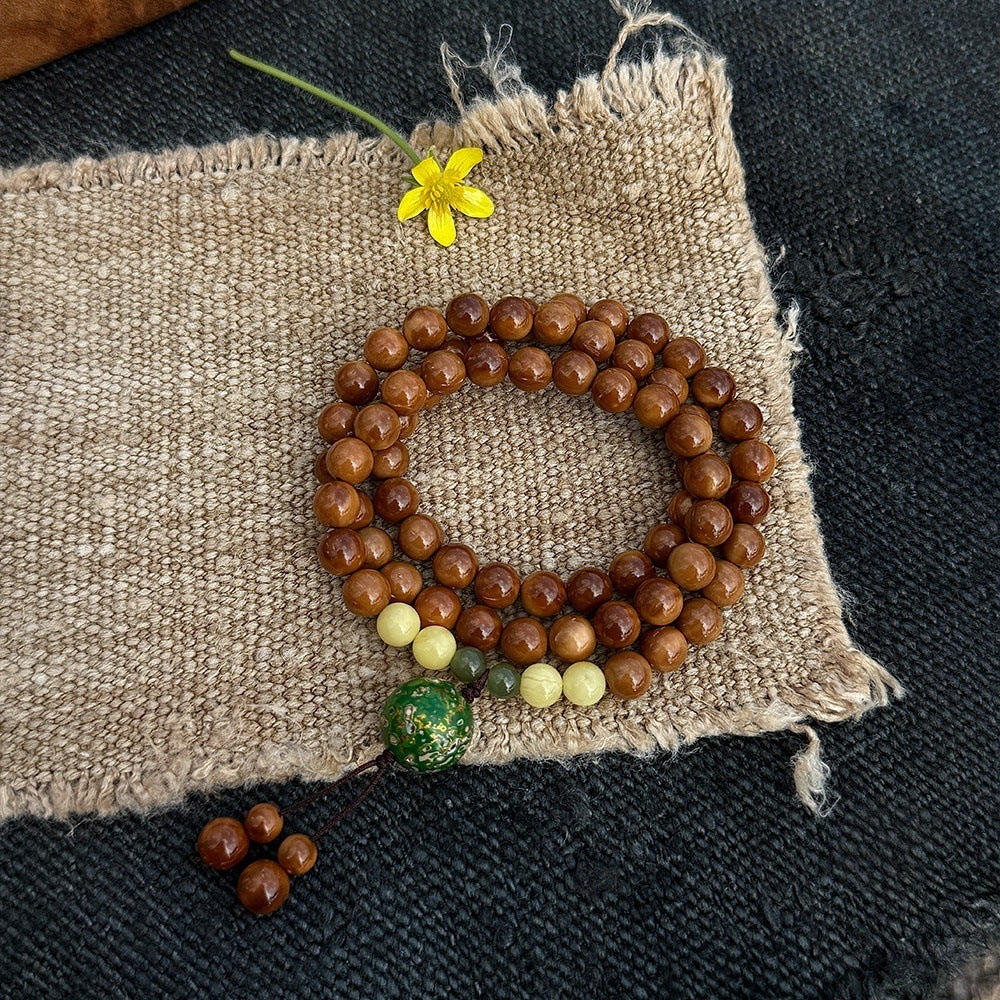 Chunhe Jingming Kuk Bodhi multi-wrap mala displayed for tea room, study and meditation styling