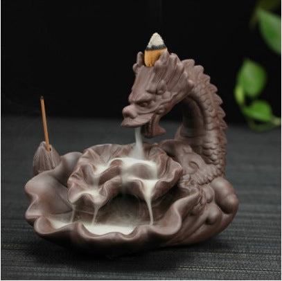 Coiled dragon lotus pool backflow incense burner for meditation and tea room decor