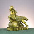 Chinese copperware fortune horse standing over a Fu character money bag with coins and ingot details, auspicious office and business decor