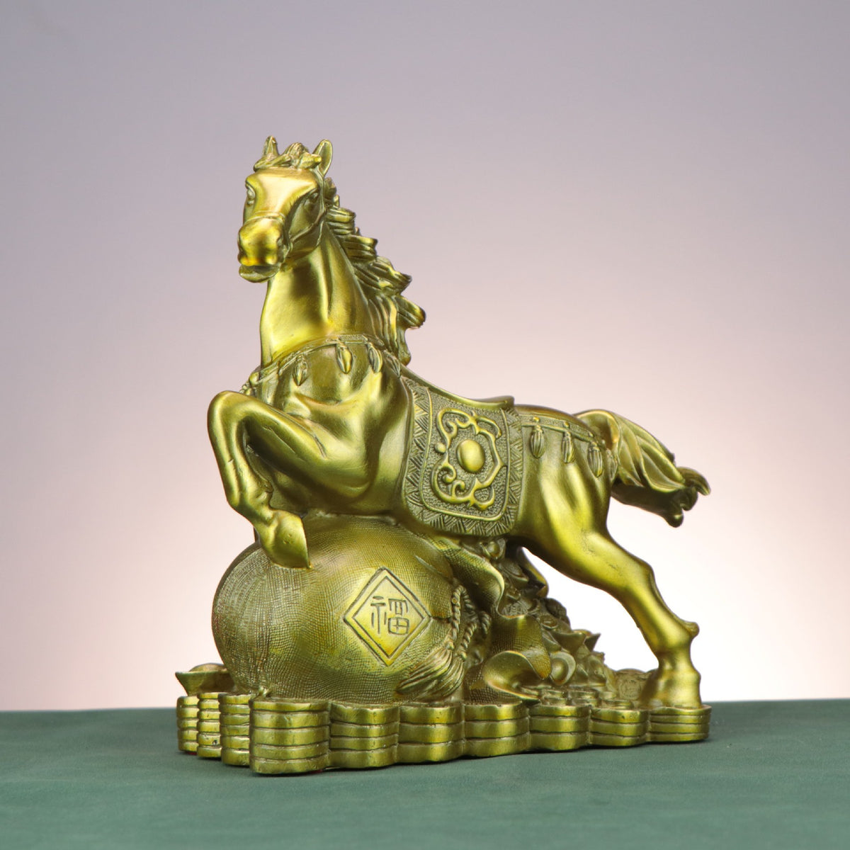 Chinese copperware fortune horse standing over a Fu character money bag with coins and ingot details, auspicious office and business decor