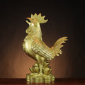 Chinese copperware Fu rooster standing on yuanbao ingots and coin stacks, auspicious rooster sculpture for office, entrance and Year of the Rooster gift
