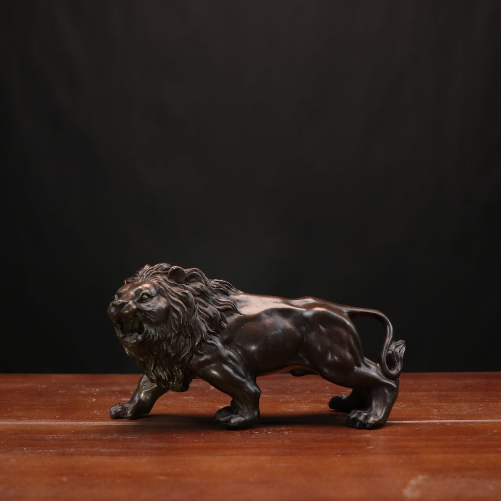Copper male lion sculpture in dark coffee finish with detailed mane