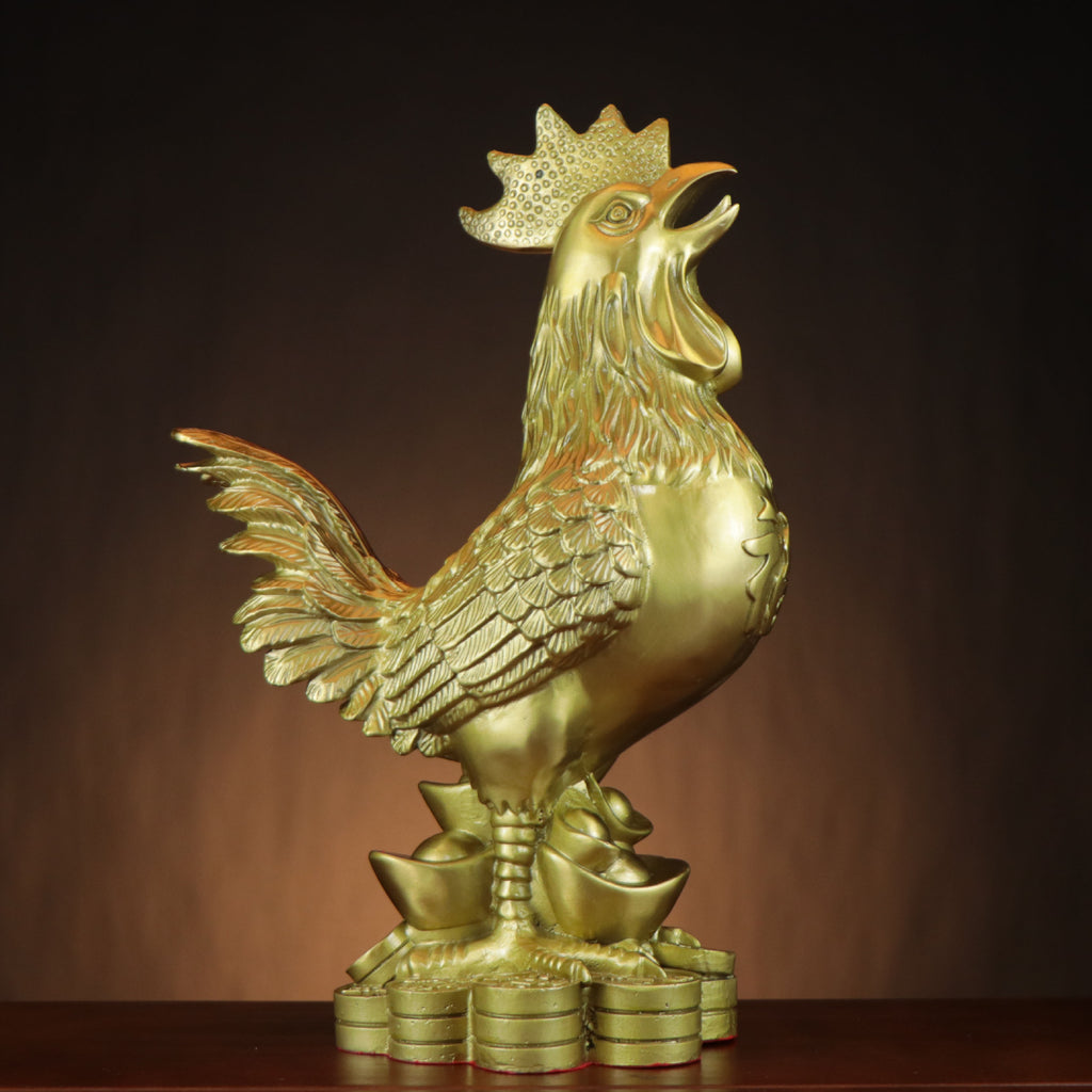 Side view of Chinese copperware rooster with Fu character body detail, layered feathers, ingots and coin base