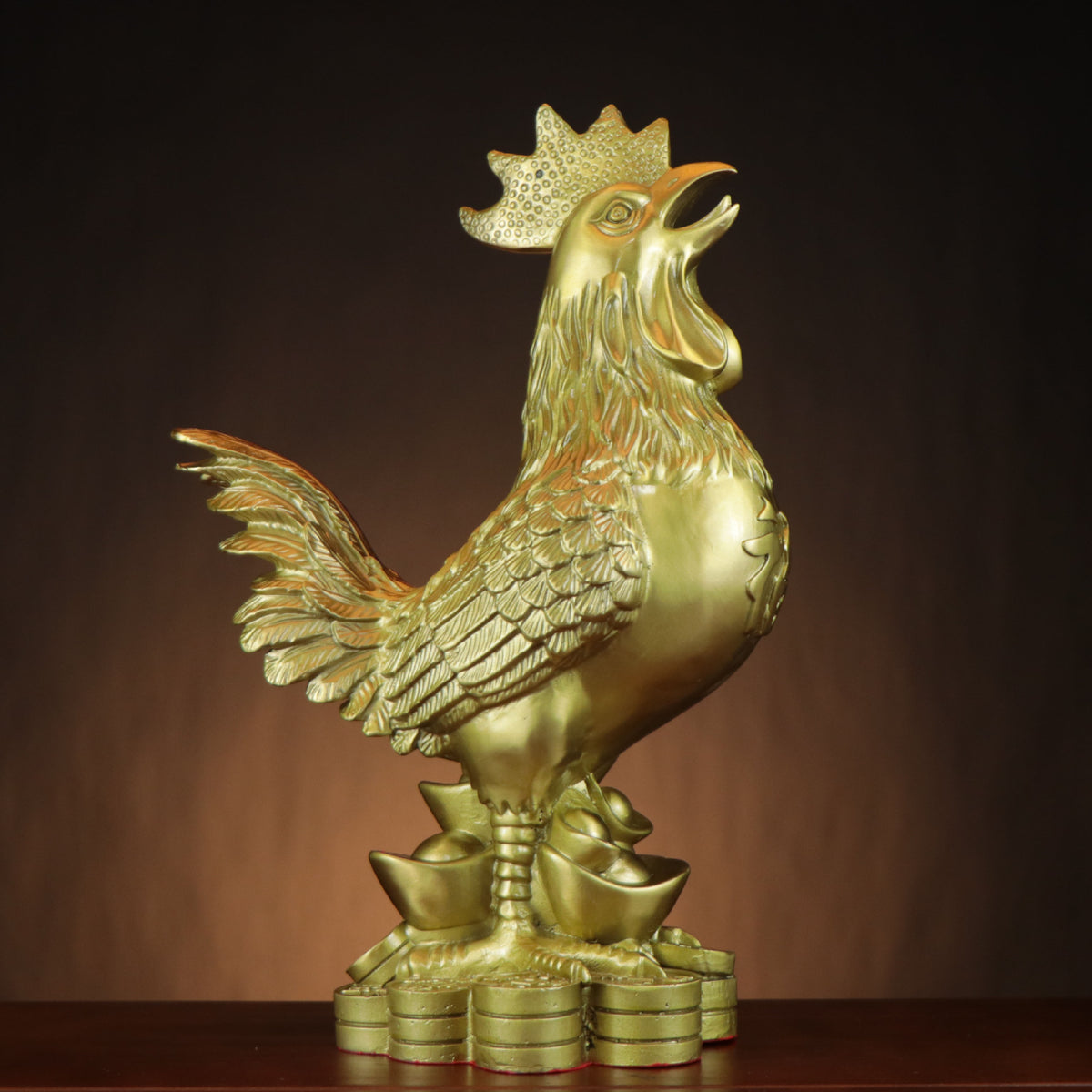 Side view of Chinese copperware rooster with Fu character body detail, layered feathers, ingots and coin base