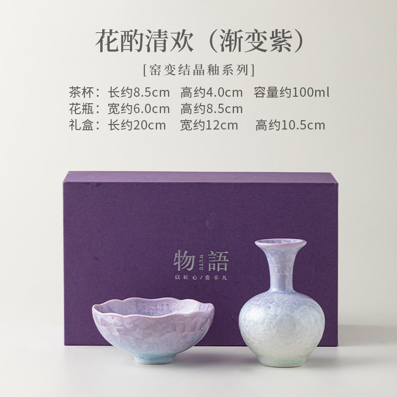 Crystalline glaze ceramic tea cup 100ml and bud vase gift set specifications