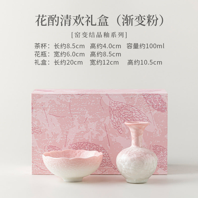 Pink gift box presentation for crystalline glaze ceramic tea cup and flower vase set