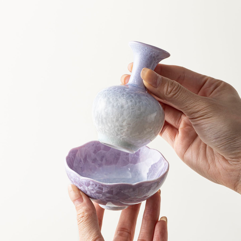 Hand-held purple crystalline glaze ceramic tea cup and bud vase set