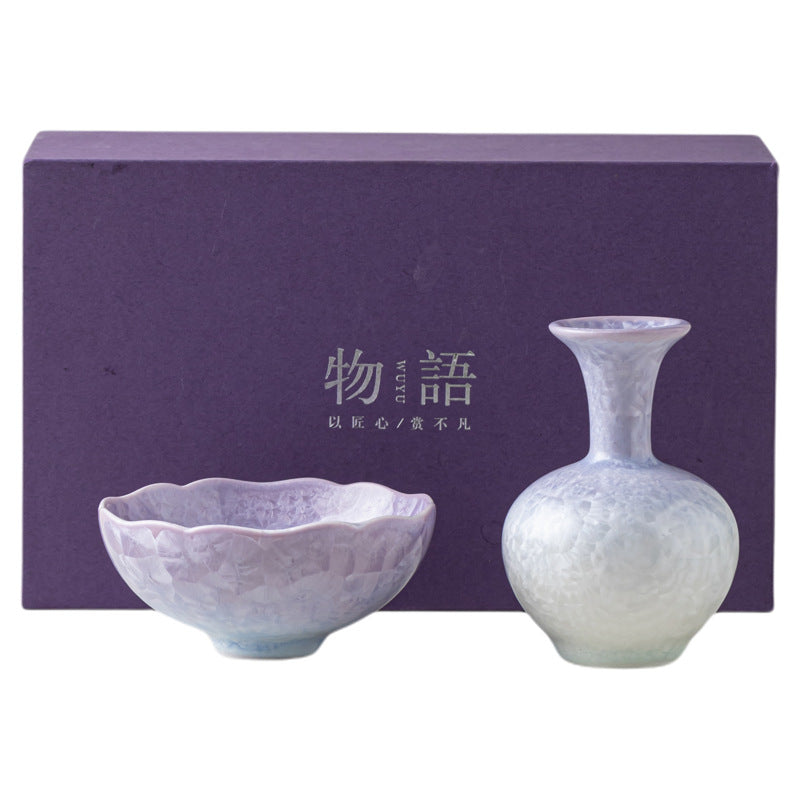 Purple gradient crystalline glaze ceramic tea cup and flower vase with gift box