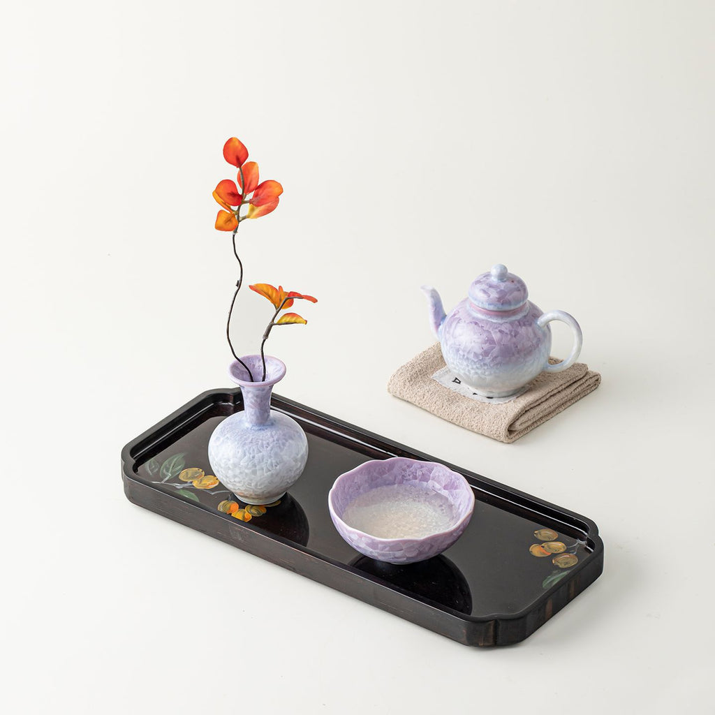 Crystalline glaze ceramic bud vase and tea cup styled on Chinese tea tray
