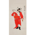 Hand-painted Chinese Zhong Kui bringing blessings painting in red robe with folding fan, Cui Jingzhe inspired figure art, full artwork view