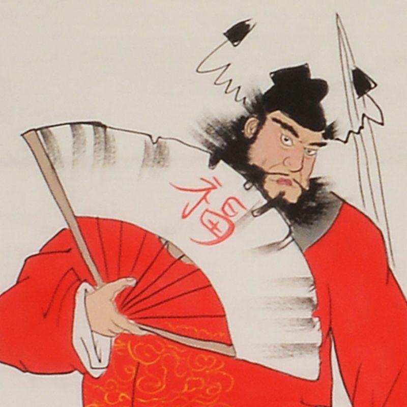Detail of Zhong Kui face and folding fan with expressive brushwork, Cui Jingzhe inspired hand-painted Chinese figure art