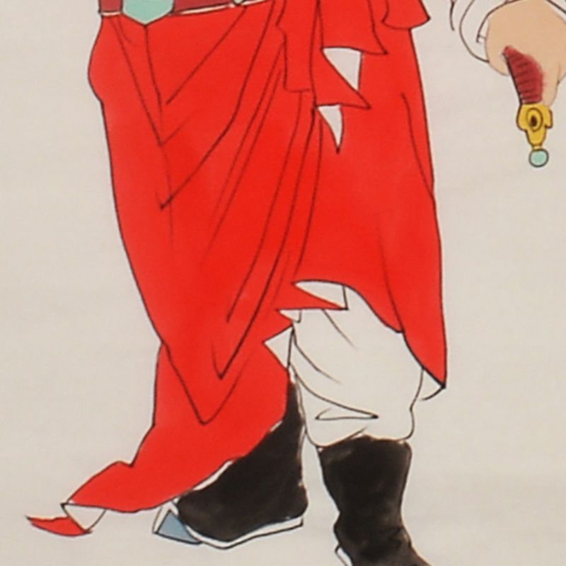 Detail of hand-painted Zhong Kui red robe, boots and lower figure, Cui Jingzhe inspired Chinese figure painting