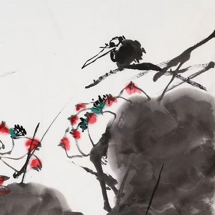 Detail of perched bird, red lotus and bold ink leaves in a Cui Ruzhuo inspired hand-painted Chinese lotus painting