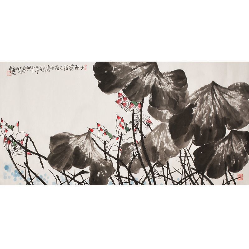 Hand-painted Chinese black lotus painting inspired by Cui Ruzhuo, horizontal ink and color lotus composition