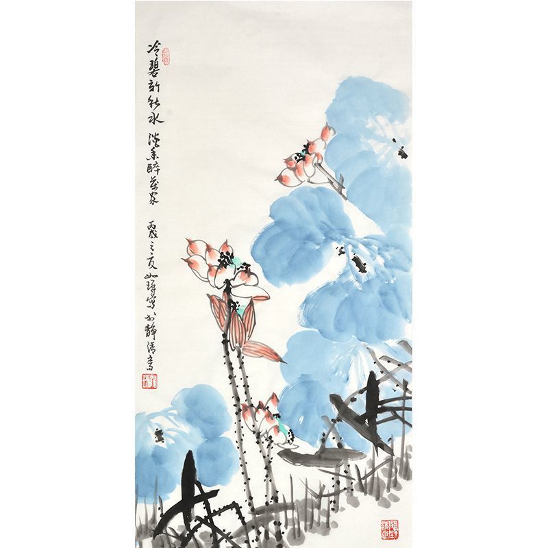 Hand-painted Chinese blue lotus painting inspired by Cui Ruzhuo, vertical ink and color floral composition