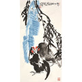 Hand-painted Chinese lotus and rooster painting inspired by Cui Ruzhuo, blue lotus leaves and expressive ink birds