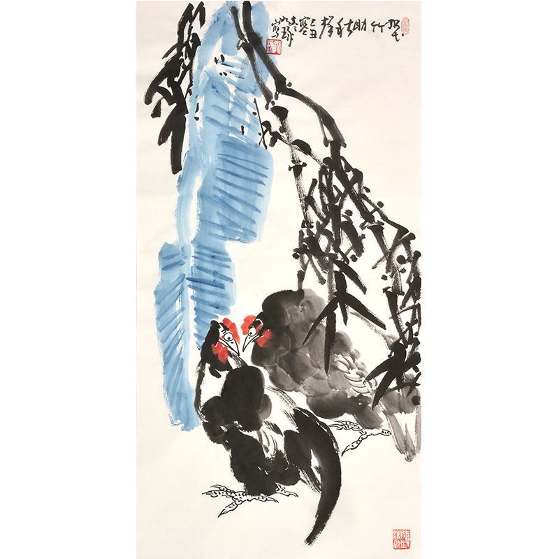Hand-painted Chinese lotus and rooster painting inspired by Cui Ruzhuo, blue lotus leaves and expressive ink birds