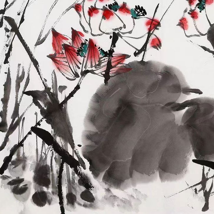 Detail of hand-painted Chinese red lotus and expressive ink leaves, Cui Ruzhuo inspired xieyi brush painting