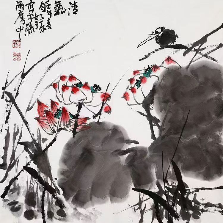 Hand-painted Chinese red lotus, ink leaves and perched bird painting, Cui Ruzhuo inspired xieyi lotus wall art, full artwork view