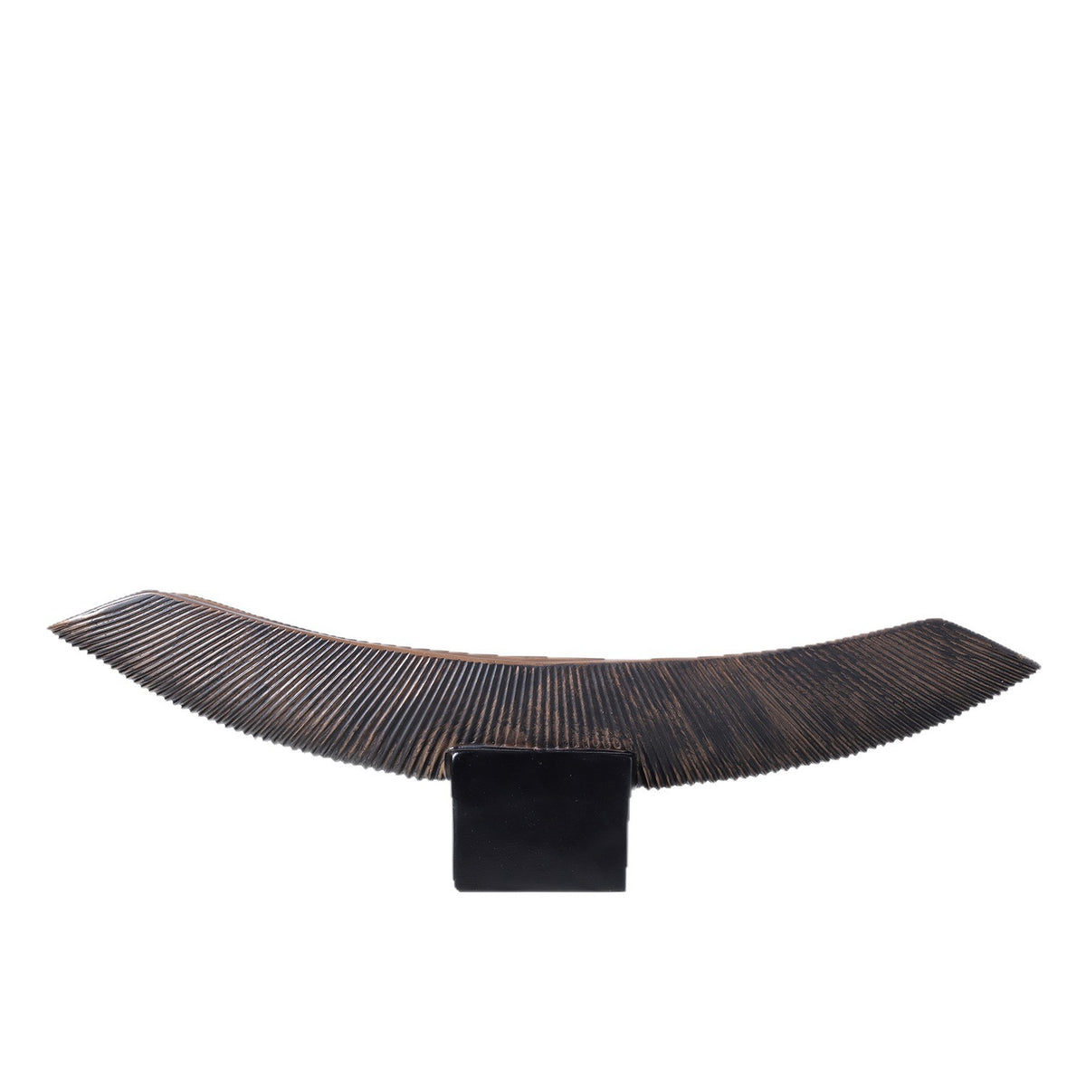 Long ribbed resin sculpture with aged dark brown finish close-up