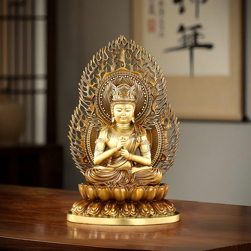 Dainichi Nyorai Mahavairocana copper Buddha statue displayed on a wooden interior console