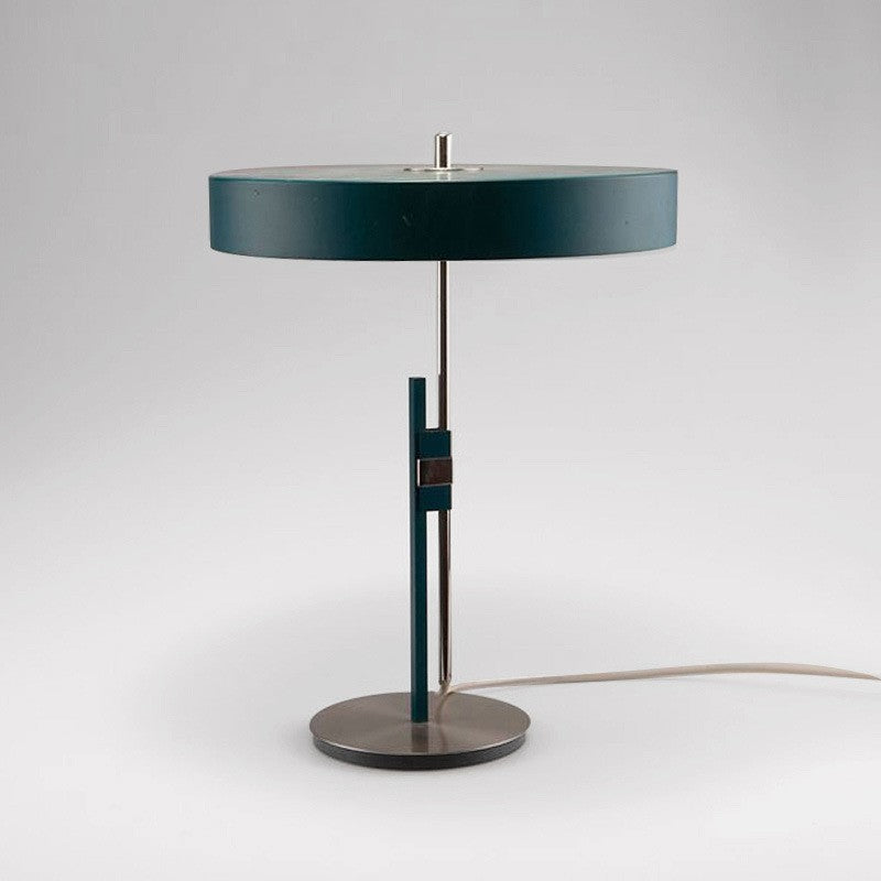 Dark green wide disc table lamp with polished silver tone column and round base