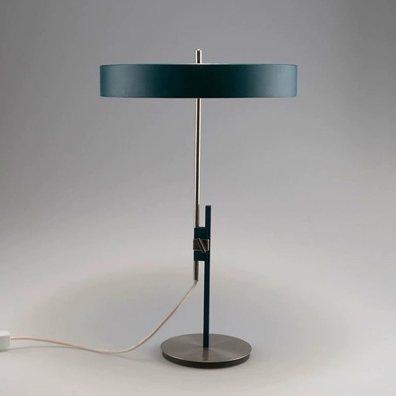 Dark green 50cm high designer table lamp with broad 35cm disc shade