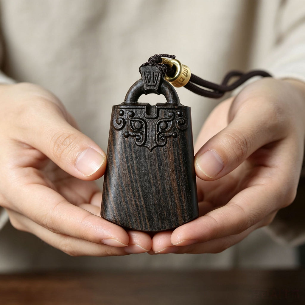 Dark polished wood hanging plaque with stylized auspicious carving and cord, suitable as a Chinese cultural pendant or display charm