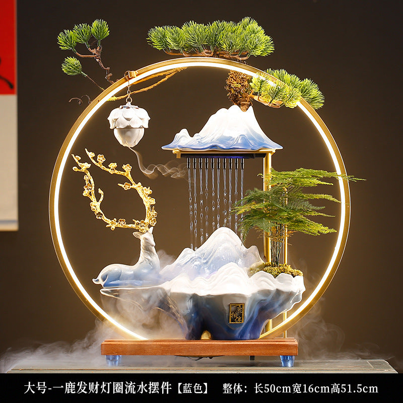 Large New Chinese ceramic deer LED ring water fountain with mist