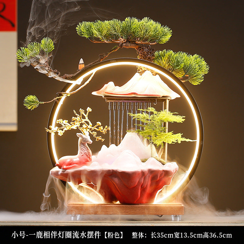 Ceramic deer fountain with pine tree mountain and cascading rain curtain