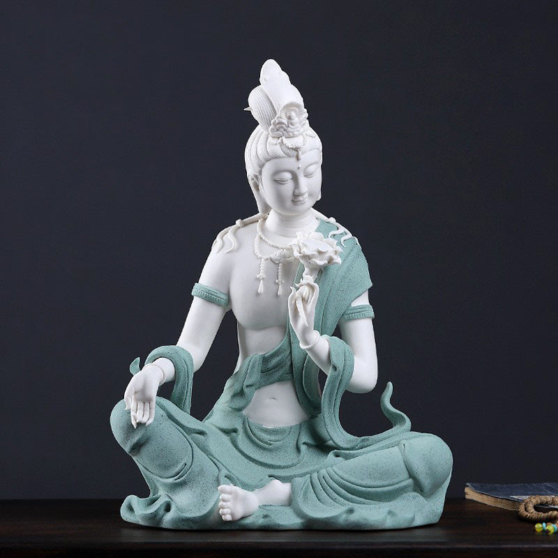 Dehua ceramic Water Moon Guanyin statue in white and celadon blue
