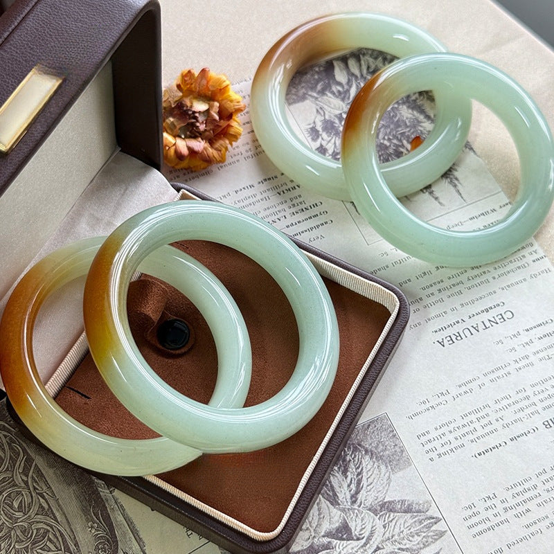 Green and honey Dongling aventurine bangle with natural color zoning