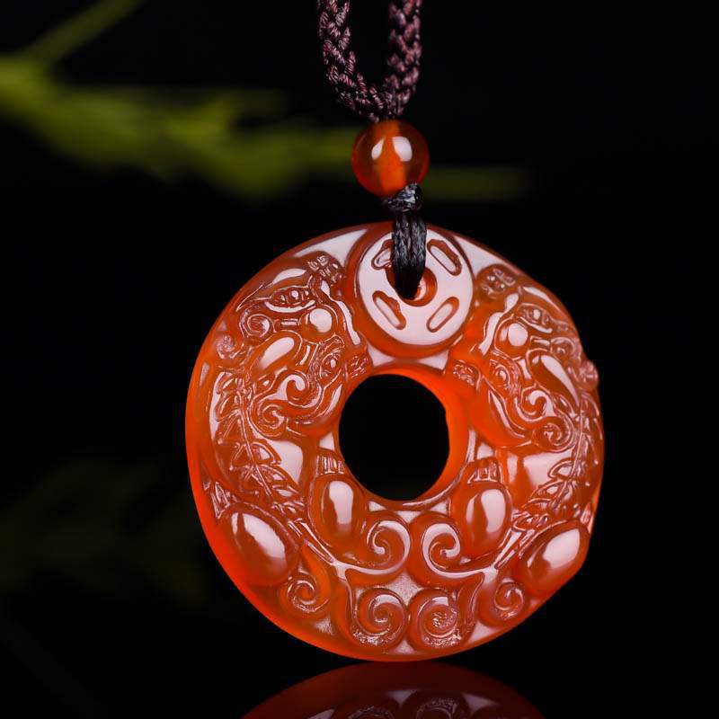 Red carved double Pixiu circular peace buckle pendant