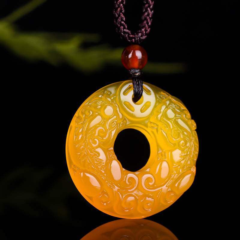 Yellow carved double Pixiu peace buckle pendant