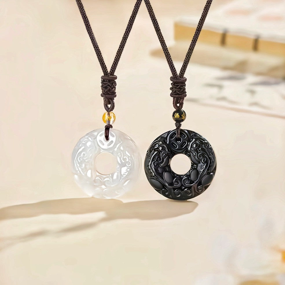 Black obsidian and white chalcedony double Pixiu safety buckle pendants