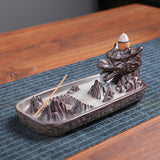 Chinese Dragon & Mountain Backflow Incense Burner Collection – Purple Clay Waterfall Smoke Holder, Fisherman Boat, Skull & Lotus Styles