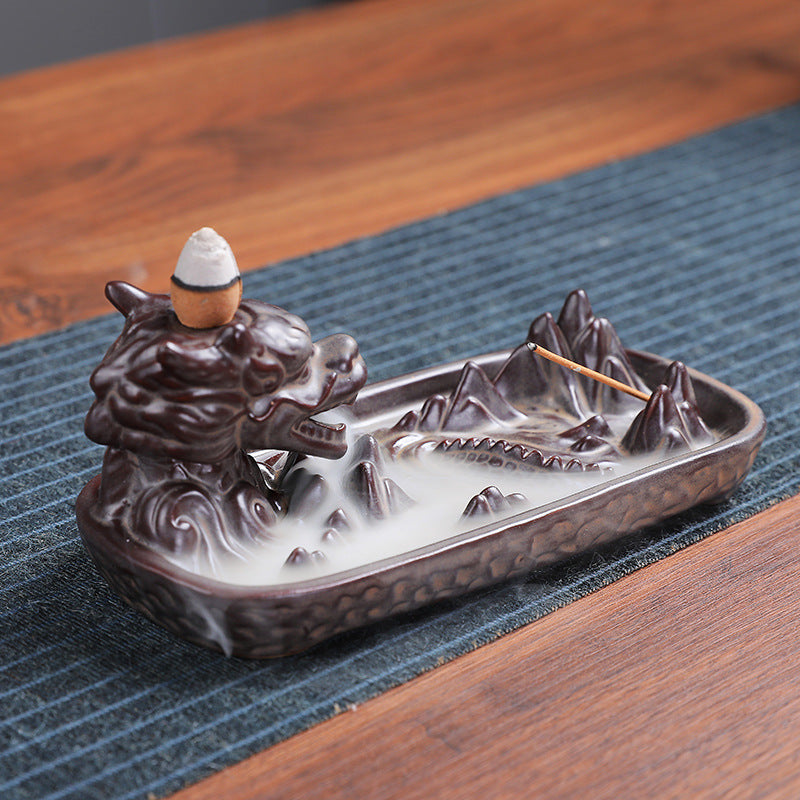 Chinese dragon mountain backflow incense burner with incense stick holder