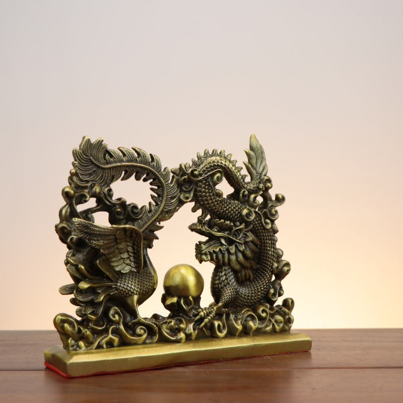 Auspicious Chinese dragon and phoenix copper sculpture reverse angle