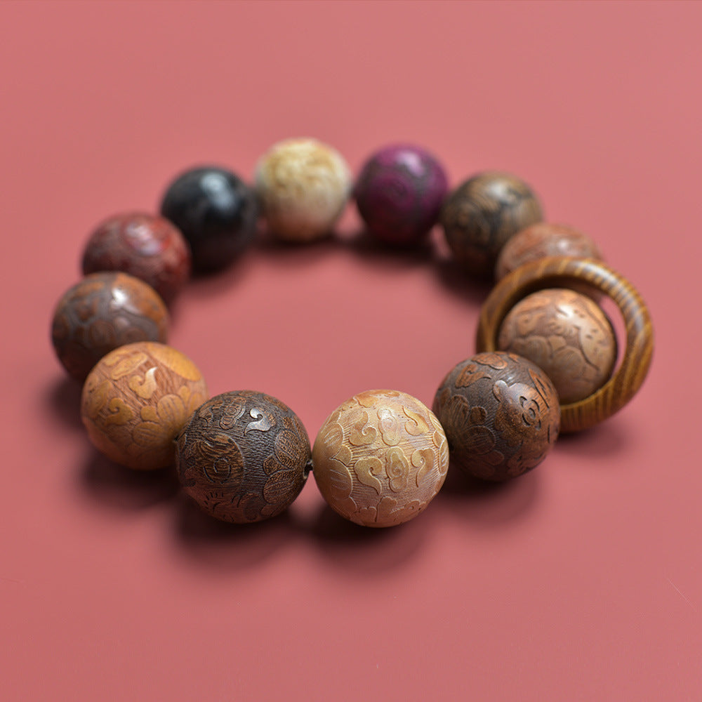 Chinese dragon and phoenix auspicious carved multi-wood 20mm bead bracelet with large sculpted beads