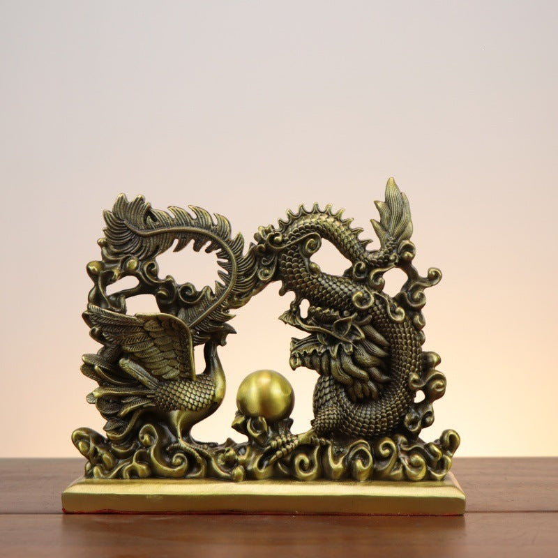 Copper-tone dragon phoenix sculpture opposite side view for living room or office